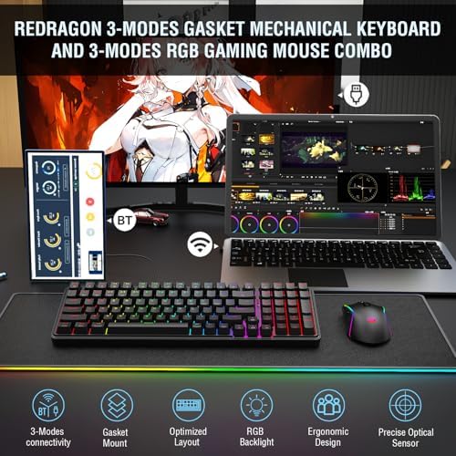 Redragon S162 3-Mode Wilreess Gaming Keyboard & Mouse Combo, 99 Keys K744 RGB GamingKeyboard and 8000 DPI M693 Gaming Mouse Bundle - Image 2