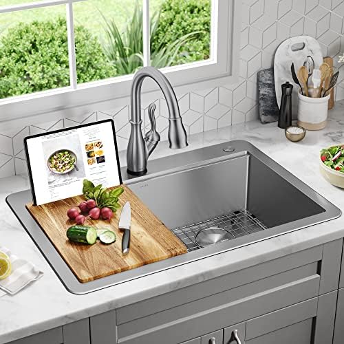 DELTA FAUCET 95A9032-T33D-SS Lorelai Workstation Kitchen Sink Drop-In Top Mount 16 Gauge Stainless Steel Double Bowl with WorkFlow Ledge and Chef’s Kit of 8 Accessories, 33 Inch - Image 3