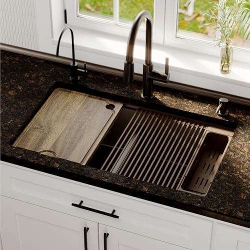 Karran 32.5 Inch Undermount Quartz Composite Workstation Kitchen Sink, 50/50 Double Bowl Low Divide with Color Matched Accessories, Cutting Board, Drying Mat, Colander & Strainers Brown - Image 2