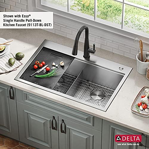 DELTA FAUCET Rivet 33-Inch Workstation Kitchen Sink Drop-In Top Mount 16 Gauge Stainless Steel 50/50 Double Bowl with WorkFlow Ledge and Chef’s Kit of 8 Accessories, 95A931-33D-SS - Image 4