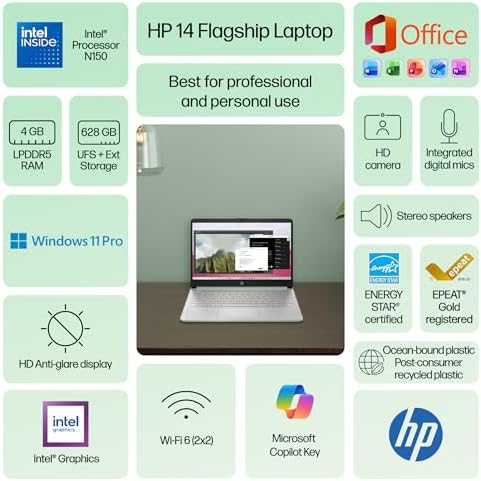 HP 14" Laptop Computer for 2026 Student Business Productivity, MS Office & Win 11 Pro, Copilot AI, Intel 4-Core CPU, 4GB DDR5 RAM, 628GB Storage (128GB UFS+500GB Ext), Wi-Fi 6, HubxcelAddon, Green - Image 3