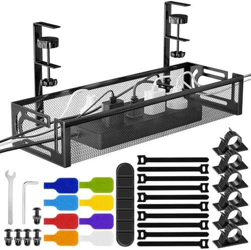No Drill Under Desk Cable Management Tray, SONATURE 15.7" Cord Organizer for Table, Clamp Mount Desk Cable Management, Premium Carbon Steel Cable Organizer for Office, Home (Black) by SONATURE