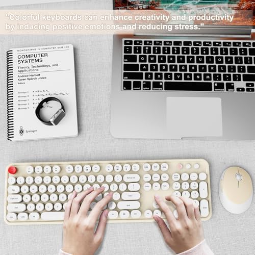 Wireless Keyboard and Mouse Combo, Ergonomic Full Size Typewriter Retro Round Keycaps Keyboard, Compatible with Windows, PC, Perfer for Home and Office Keyboards (Beige - Image 7