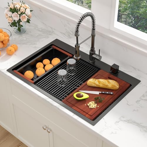 Sarlai 33 Matte Black Drop-In Kitchen Sink Workstation - 33x22 Inch Drop Kitchen Sink with Ledge NANO-Tech Black Topmount Round Corner 16 Gauge Stainless Steel Single Bowl Sinks Basin - Image 2