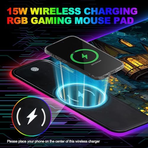 Wireless Charging RGB Gaming Mouse Pad, 31.5 x 11.8 Inch Extended Mouse Mat with Fantasy Castle & Rose Design, LED Desk Pad with 7 Lighting Modes, Non-Slip Base for Gaming & Office - Image 6
