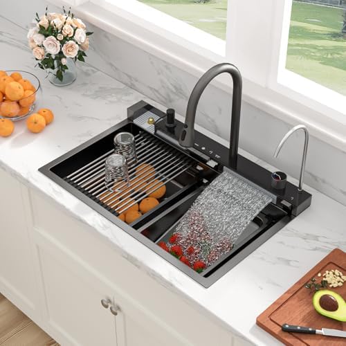 Sarlai Waterfall Kitchen Sink - 30 Inch Drop In Workstation Sink With Waterfall Black Stainless Steel 16 Gauge Multifunction Single Bowl Smart Top Mount Kitchen Sinks with Mechanical Keys 30x19 Inch - Image 3