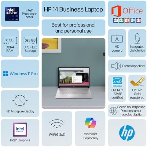 HP Ultrabook 14 Laptop Computer Business Study & Home 2025, Lifetime MS Office + Windows 11 Pro, Quad-Core Intel CPU, 8GB RAM & 628GB Storage (128GB UFS+500GB Ext), Wi-Fi 6, HubxcelAccessory, Lavender - Image 3