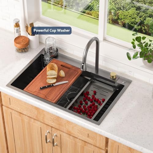 Lordear 33 Inch Black Drop In Kitchen Sink Waterfall T304 16 Gauge Stainless Steel Single Bowl Workstation Ledged Functional Large Kitchen Sinks 33x22x10 Inch - Image 4