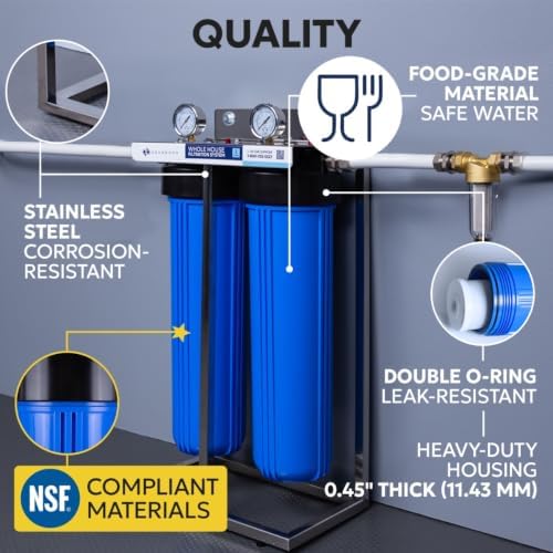 Aquaboon 2-Stage Whole House Water Filter System 20x4.5 inch with Prefilter & KDF, Sediment, Gauge & Release, Wrench, Freestanding Steel Frame - Image 3