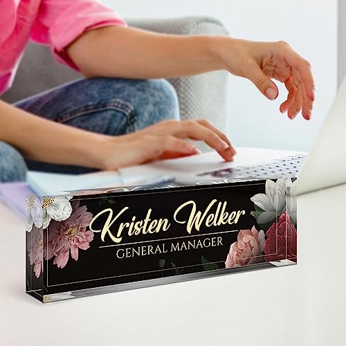Name Plate for Desk, Desk Name Plate Personalized, Office Decor for Women Men, Acrylic Desktop Accessories, Office Appreciation Gifts for Boss Social Workers Nurse Teacher Employee (Black/Flowers) - Image 6