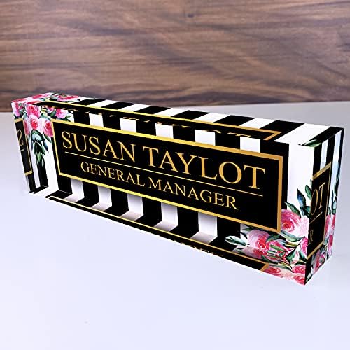Artblox Office Desk Name Plate Personalized | Custom Name Plates for Desks | Black Stripes & Roses Design On Clear Acrylic Glass | Cute Office Desk Accessories Customized Gifts - (8" x 2.5") by Artblox
