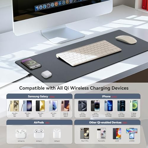 Wireless Charging Mouse Pad, 15W Fast Charge Magnetic Charger Desk Pad, Large Office Desk Mat (31"x11.7") with Ultra-Smooth Surface, Gray Computer Mousepad for MacBook, PC, Laptop - Image 6