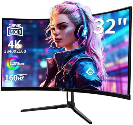 ZZA 32 Inch 4K Curved Gaming Monitor 165Hz, Built-in Speakers, 1500R Curvature, UHD 3840 × 2160p VA Panel, Supports AMD FreeSync, HDR10, HDMI and DisplayPort, 120% sRGB Color Gamut, Wall-mountable by ZZA