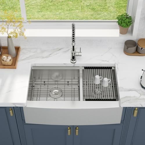 33 Farmhouse Sink Double Bowl - Lordear 33x22 Stainless Steel Kitchen Sinks Apron Front Double Basin 60/40 Low Divide Workstation Farm Sinks with Buit in Accessories - Image 3