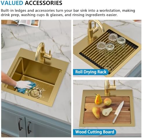 15"x15" Gold Bar Prep Sink Drop In Workstation with Faucet Combo - Image 6