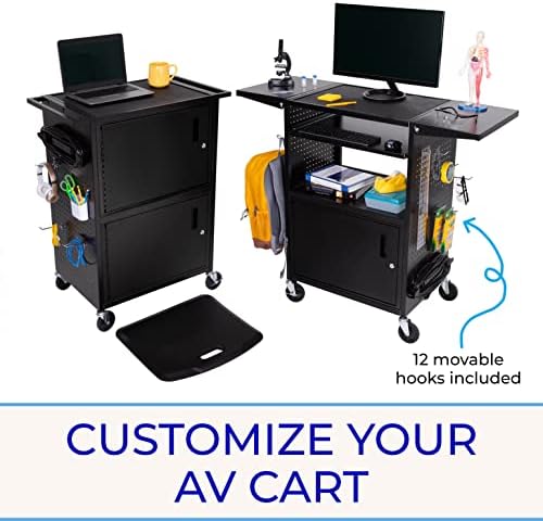 Line Leader Stellar AV Cart - Computer Cart with Customizable Pegboard & Hooks, Dual Locking Cabinets, UL Certified Power, Mobile Workstation with Locking Wheels, Ideal for Laptop & Charger Storage - Image 2