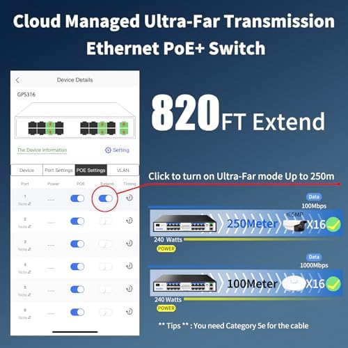 Goalake 16-Port Gigabit PoE+ Switch for Small Business, Easy Managed, 240W Built-in High-Power for IP Cameras/APs, 2 Gigabit Uplinks + 1 Combo SFP Slot, VLAN & 250m Extend, Plug & Play Rack-mountable - Image 5