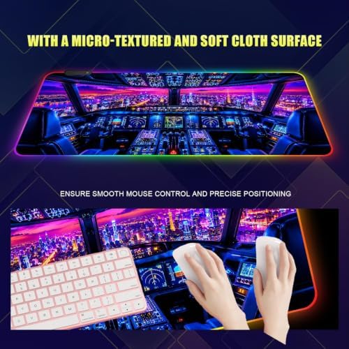Aircraft Cockpit RGB Gaming Mouse Pad Large Extended Desk Mat 35.4 x 15.7 inch LED Glowing Mousepad Light Up Keyboard Pad Non-Slip Rubber Base - Image 3