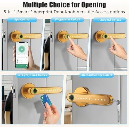 Smart Door Lock with Knob, Keyless Entry Door Locks with Handle, Fingerprint Door Knob for Bedroom/Front Door/Apartment,Generate Passcode Gold - Image 4