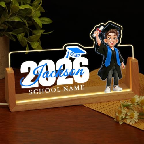 Custom Name Plate for Desk, Personalized Light Up Acrylic Desk Name Plate, Personalized Graduation Gifts 2026 for Him Her, Class of 2026 Graduate Gift, High School College Grad Gift (Design17-Graduation Boy) by EOBIBIFUN