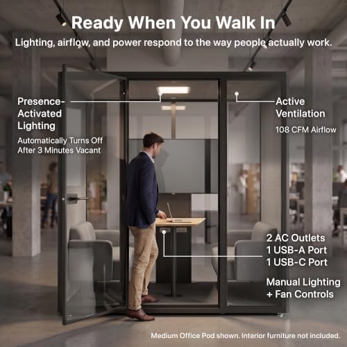 Uncaged Ergonomics Medium Office Pod, 2-Person Acoustic Office Phone Booth with Ventilation, LED Lighting and Power, White - Image 7
