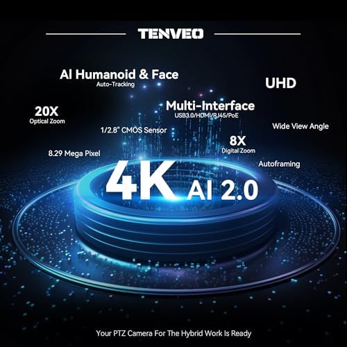 Tenveo 4K PTZ Camera, AI Humanoid & Face Auto-Tracking, 20X Optical + 8X Digital Zoom, USB3.0/HDMI/LAN PoE IP Live Streaming for Church Worship Broadcast Events Video Conference YouTube OBS - Image 2
