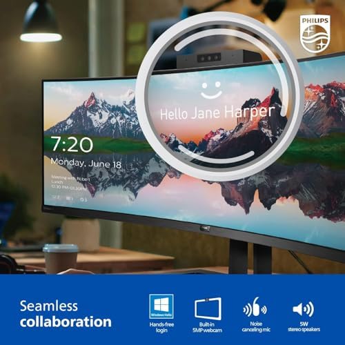 Philips 34E1C5600HE 34" UltraWide QHD 21:9 Monitor with Built-in Windows Hello Webcam & Noise Canceling Mic, USB-C Docking, Stereo Speakers, 100Hz, 4-Year Advance Replacement,Black - Image 5