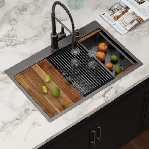 33x22 Black Drop In Kitchen Sink Workstation with Accessories - Image 2