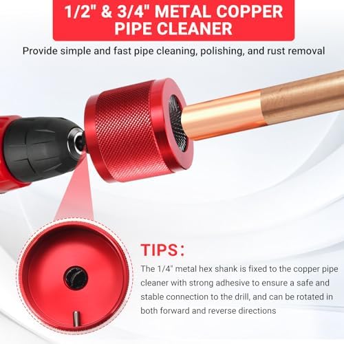Wayona 1/2" & 3/4" Metal Copper Pipe Cleaner for Drill, with 1/4" Hex Shank, Each Size with 3PCS Brush Blades, Include 2PCS Pipe Brushes, for Cleaning Rust, Stains, Paint and Polishing on Copper Pipe - Image 6