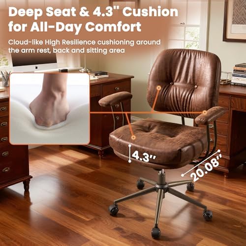 Brown Leather Home Office Chair, Mid Back Ergonomic Desk Chair with Lumbar Support, Mid Century Modern Deep Seat Swivel Rocking Computer Chair, Dark Brown Suede - Image 3