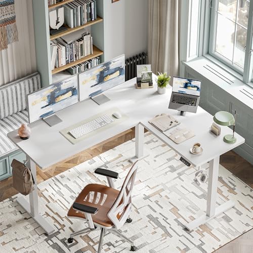 TIQLAB L Shaped Standing Desk Adjustable Height, Electric Corner Standing Desk, 63 x 55 inch Sit Stand Computer Table with Splice Board, White - Image 2