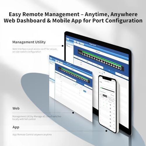 STEAMEMO 16-Port Gigabit Managed Switch | Web Smart Ethernet Switch with VLAN & QoS | Fanless Metal Housing | Desktop/Wall Mount | Enterprise Network Switch for Small Business, Home Office - Image 2