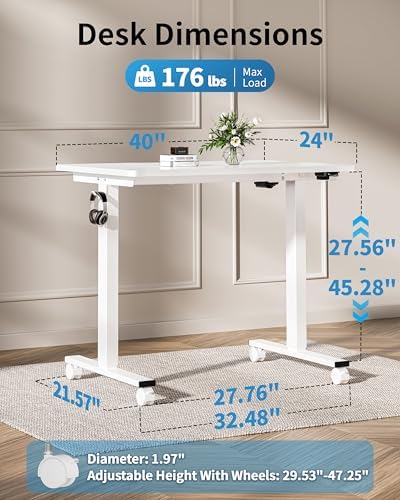 Okin Electric Standing Desk, 40 x 24 Inches Whole Piece Height Adjustable Desk, White Sit to Stand Desks Computer Workstation with Wheels for Home Office - Image 2