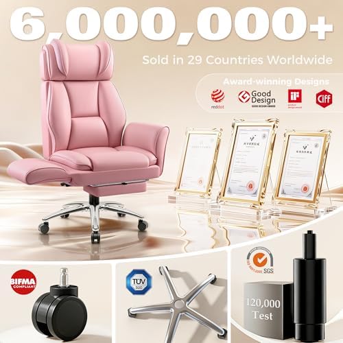 Big and Tall Office Chair, Flip Armrests for Pets & Cross Legged Sitting, Ergonomic Leather Executive Desk Chair with Foot Rest, High-Back Reclining Computer Chair for Home Gaming, Peach Pink - Image 3