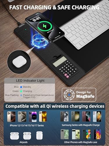 Mouse Pad with 15W Wireless Charging, Removable 8-Digit Solar Calculator - Image 2