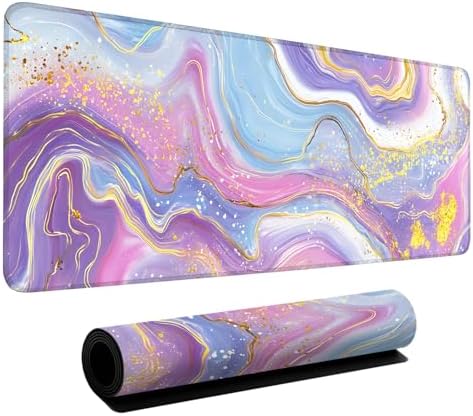 Pink Purple Marble Gaming Mouse Pad 31.5"x11.8" Large Extended Pad Desk Mat Anti-Slip Rubber Base & Durable Stitched Edges for Gamers Smooth Mouse Pad Writing Surface for Desk Office/Home by LEIWEIHOPE