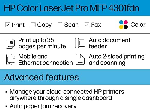 HP Color LaserJet Pro MFP 4301dw Printer, Print, scan, Copy, Fast speeds, Easy Setup, Mobile Printing, Advanced Security, Best-for-Small Teams, 16.6 x 17.1 x 15.1 in,White (Renewed) - Image 3