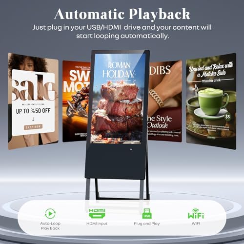 32 Inch Digital Signage Display, Screen LCD Advertising Kiosk, Portable Floor Standing Auto Ad Player Android OS App-Based Control with USB/HDMI/WiFi - Image 3