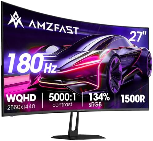 Amzfast 27 Inch WQHD 2560 * 1440 Curved Gaming Monitor 180Hz OD 1ms by Amzfast