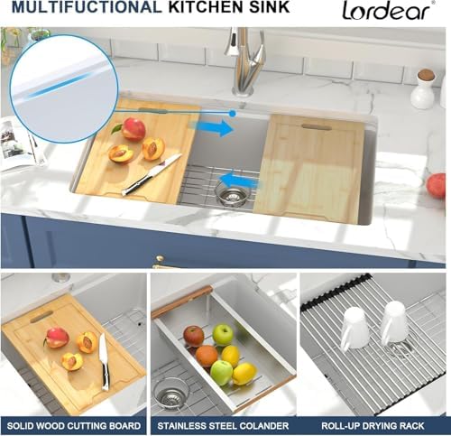 Lordear 33 Inch White Kitchen Sink Undermount Composite Granite Quartz Single Bowl Workstation 33x19x10 Inch Under Counter Kitchen Sinks - Image 5