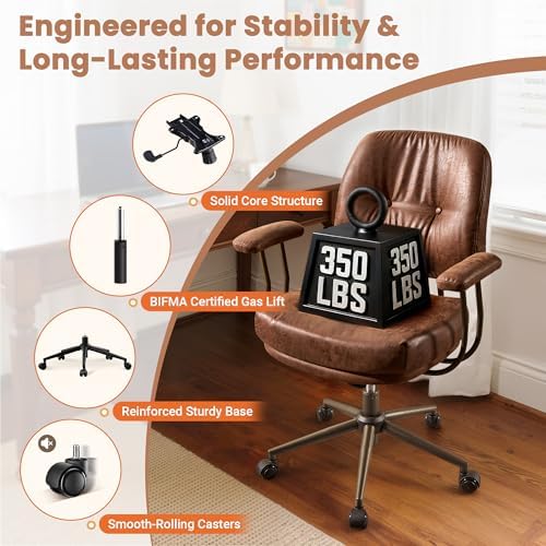 Brown Leather Home Office Chair, Mid Back Ergonomic Desk Chair with Lumbar Support, Mid Century Modern Deep Seat Swivel Rocking Computer Chair, Dark Brown Suede - Image 6