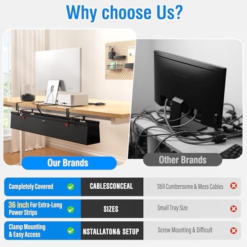 No Drill Under Desk Cable Management Tray, 48" Cord Management Tray with Cable Loop, Upgraded Oxford Fabric Wire Management for Standing Desk - No Damage to Table - Image 6
