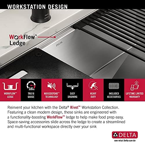 DELTA FAUCET Rivet 27-Inch Workstation Kitchen Sink Undermount 16 Gauge Stainless Steel Single Bowl with WorkFlow Ledge and Chef’s Kit of 6 Accessories, 95B931-27S-SS - Image 5