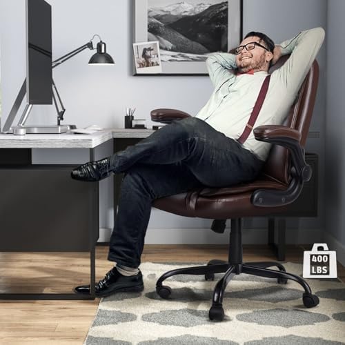 LEMBERI Flip-up Arms Office Desk Chair Big and Tall Managerial Executive Chair, High Back Computer Chair Ergonomic Adjustable Height PU Leather Chairs with Armrest for Long Time Sitting - Image 2