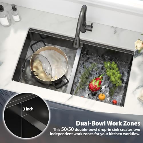 33 Black Undermount Kitchen Sink Double Bowl Workstation 50/50 Low Divide - Image 5