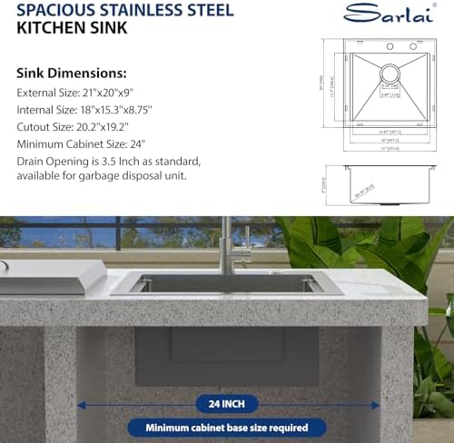 Sarlai Outdoor Sink - 21 x 20 Inch Drop In Workstation Kitchen Sink with Dust Lid and Faucet 16 Gauge Stainless Steel Single Bowl Bar Basin with Cutting Board BBQ Basin Outside - Image 5