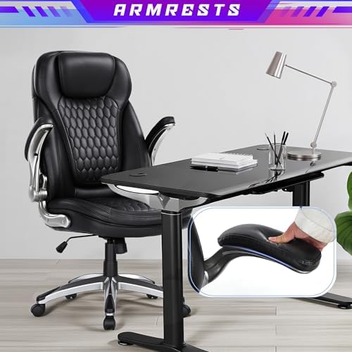 Office Chair Ergonomic Desk Chair-Executive Office Chair, High Back Computer Chair Flip-up Arms, Strong Metal Base, Swivel Rolling Leather Chair for Adult Work/Study-Black, 300lbs - Image 4
