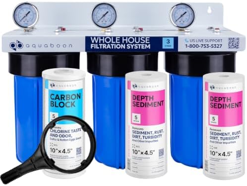 Aquaboon 3-Stage Whole House Water Filter System with 5 Micron 10x4.5 House Water Purification 2 Reducing Sediment and Carbon Chlorine Reduction Filter, Pressure Gauge, Wrench, Bracket by Aquaboon