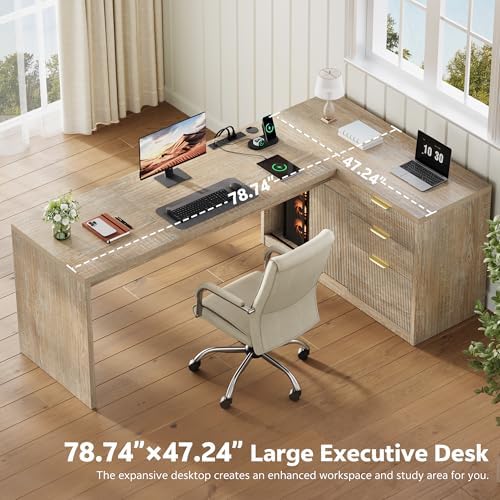 78.7" L-Shaped Executive Desk with Drawers and File Cabinet Farmhouse Large Office Desk with Power Outlets & Sliding Door Storage, Corner Computer Desk for Home Office Gaming - Image 4