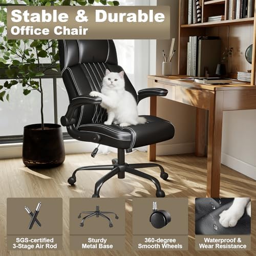 Ergonomic Executive Office Chair, High Back PU Leather Computer Desk Chair with Flip-Up Armrests, Lumbar Support, Adjustable Height and Rocking Function, Black - Image 7
